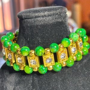 Handmade Turquoise Green Shell Beads with Gold and Rhinestone accents  7.5 in